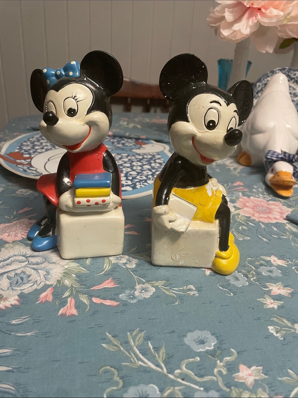 Walt Disney Productions Vintage Mickey And Minnie Painted Ceramic Bookends